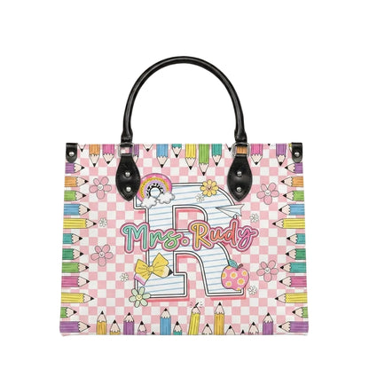 Pencil & Floral Monogram Personalized Leather Bag + Free Matching Leather Wallet