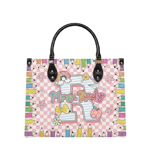 Pencil & Floral Monogram Personalized Leather Bag + Free Matching Leather Wallet