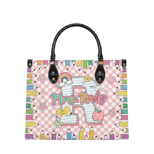 Pencil & Floral Monogram Personalized Leather Bag + Free Matching Leather Wallet