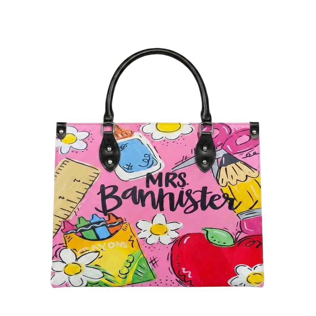 Cute Pink Teacher Personalized Leather Bag + Free Matching Leather Wallet
