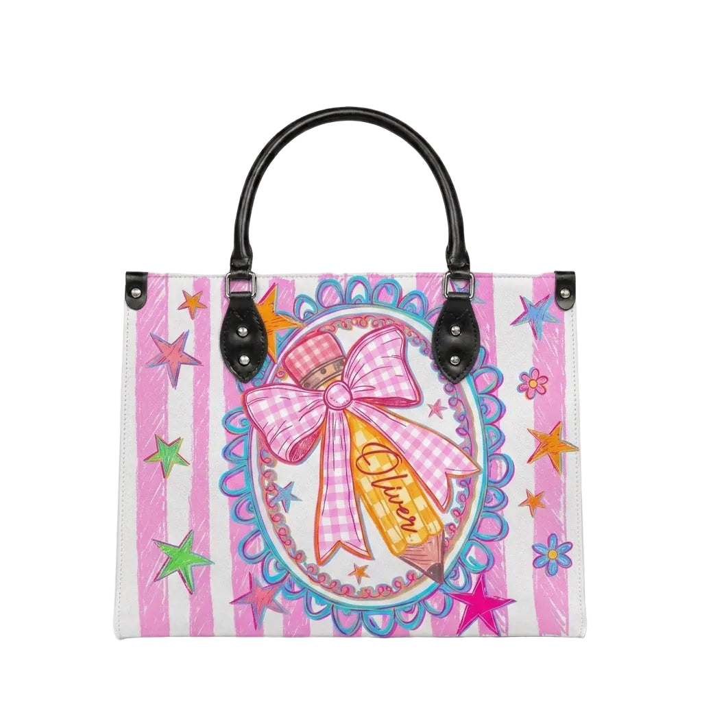 Cute Pink Bow Pencil Personalized Leather Bag + Free Matching Leather Wallet
