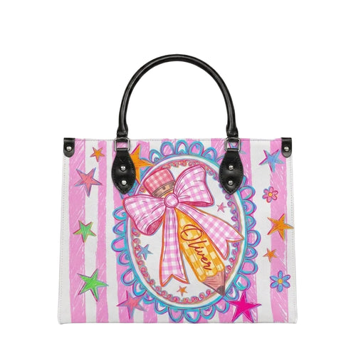Cute Pink Bow Pencil Personalized Leather Bag + Free Matching Leather Wallet