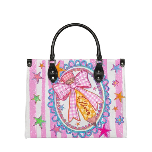 Cute Pink Bow Pencil Personalized Leather Bag + Free Matching Leather Wallet