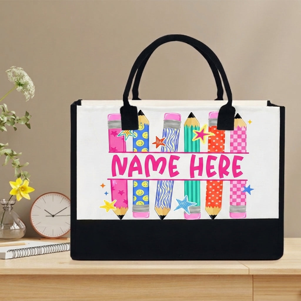 Personalized Pencil Teacher Tote Bag with Custom Name, Colorful School Tote Bag, Teacher Appreciation Gift, Classroom Gift for Women