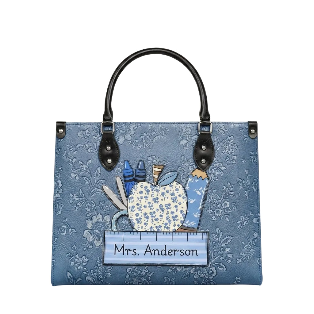 Vintage Blue Floral Personalized Leather Bag + Free Matching Leather Wallet