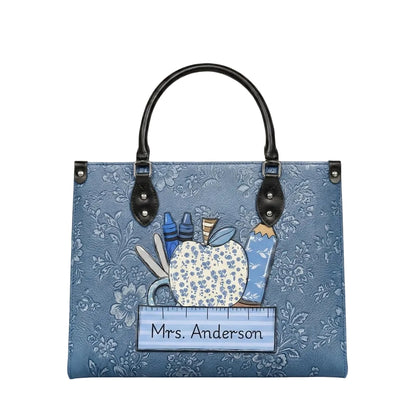 Vintage Blue Floral Personalized Leather Bag + Free Matching Leather Wallet