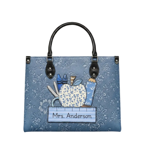 Vintage Blue Floral Personalized Leather Bag + Free Matching Leather Wallet