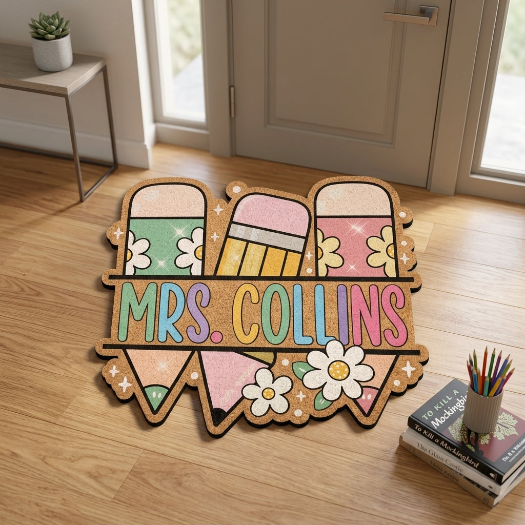 Floral Pencil Personalized Doormat