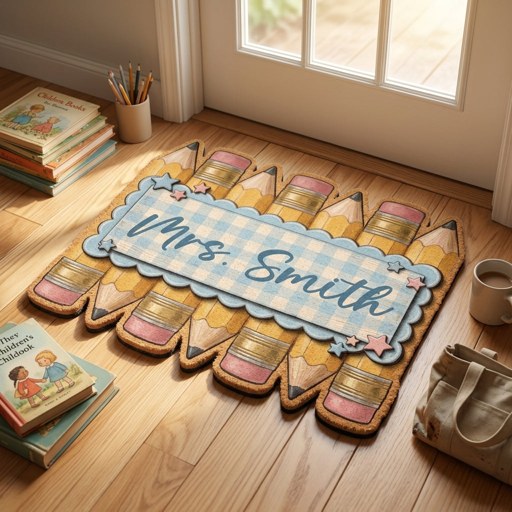 Blue Toile Pencil Personalized Doormat