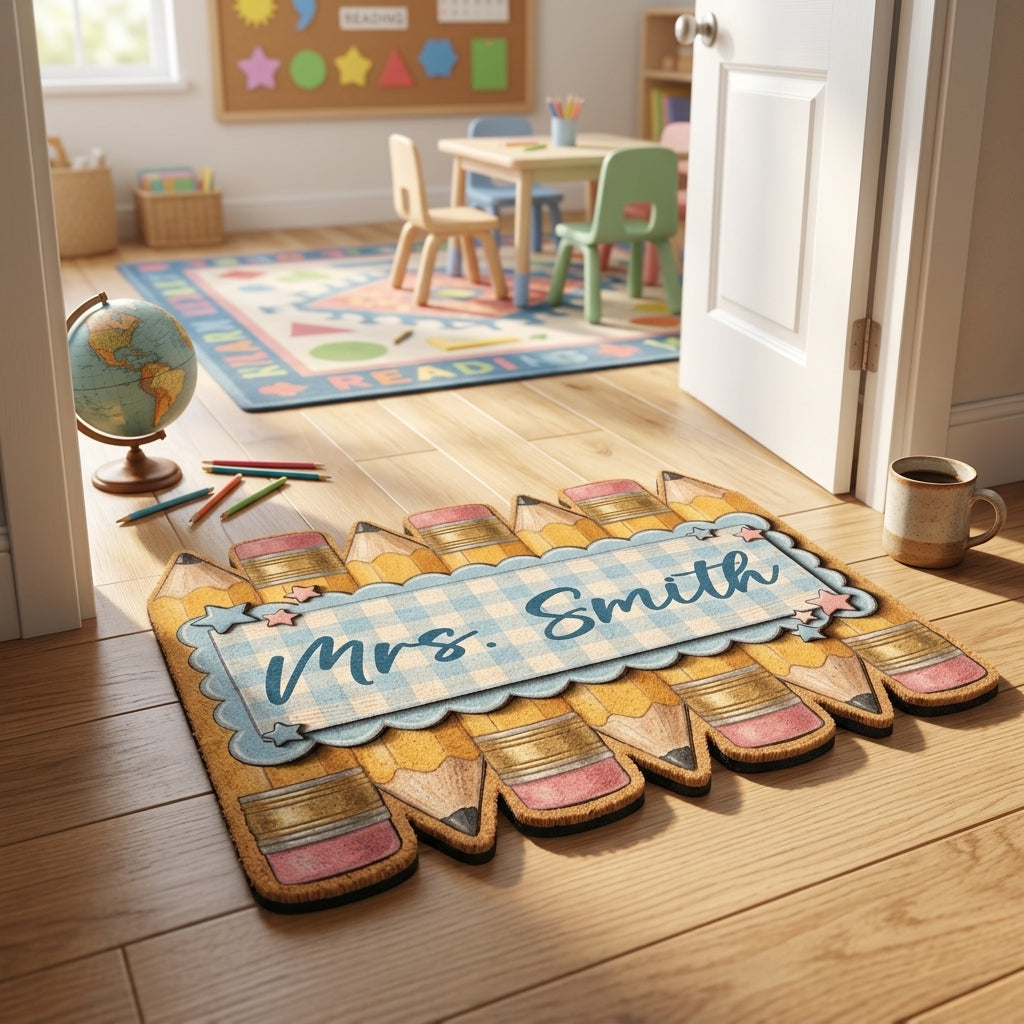 Blue Toile Pencil Personalized Doormat
