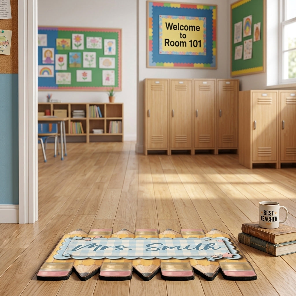 Blue Toile Pencil Personalized Doormat
