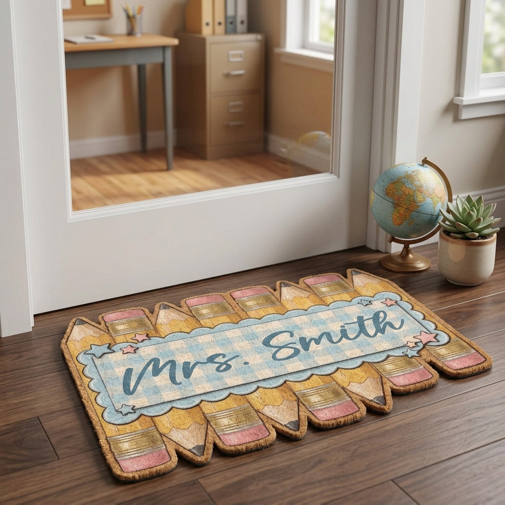 Blue Toile Pencil Personalized Doormat