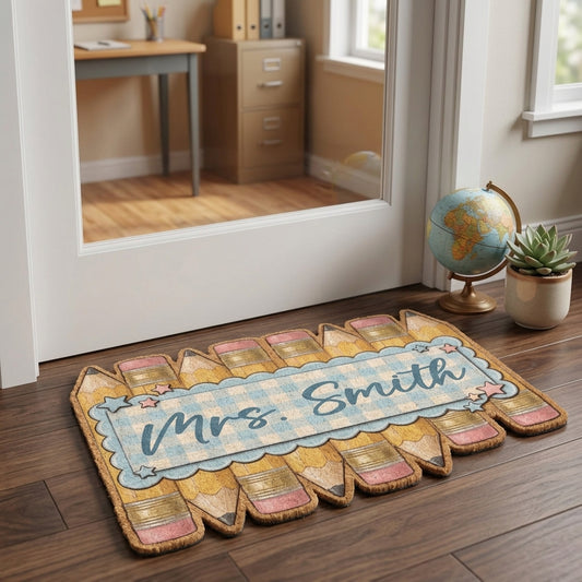 Blue Toile Pencil Personalized Doormat
