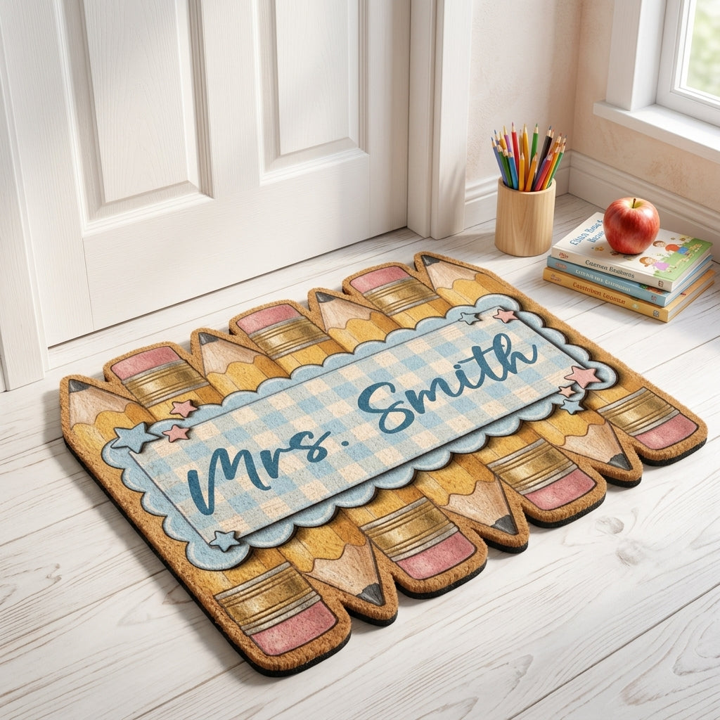 Blue Toile Pencil Personalized Doormat