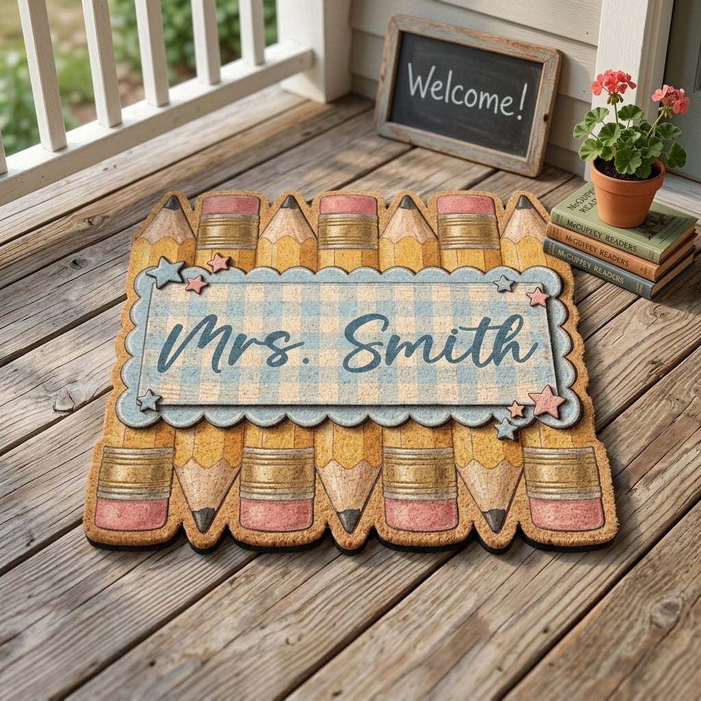 Blue Toile Pencil Personalized Doormat