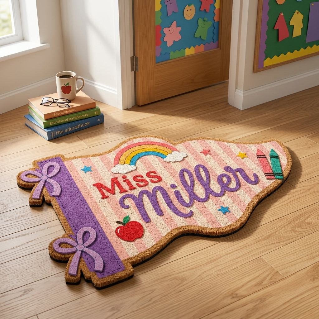 Purple Gingham Pencil Teacher Pennant Flag Personalized Doormat
