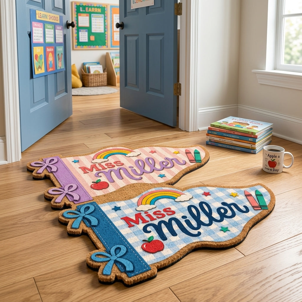 Blue Gingham Pencil Teacher Pennant Flag Personalized Doormat