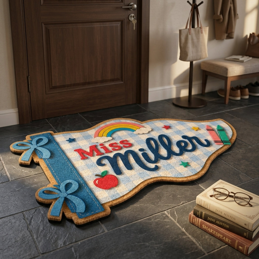 Blue Gingham Pencil Teacher Pennant Flag Personalized Doormat