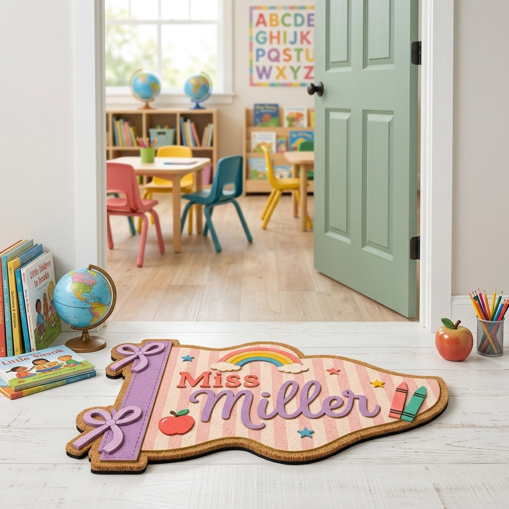 Purple Gingham Pencil Teacher Pennant Flag Personalized Doormat