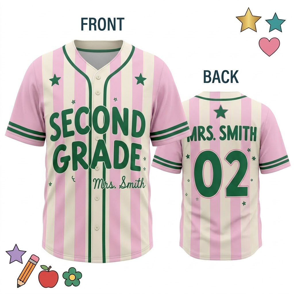 Custom Teacher Baseball Jersey, Personalized Grade Level & Name Pinstripe Shirt, Back to School Teacher Outfit, Cute Teacher Gift Idea