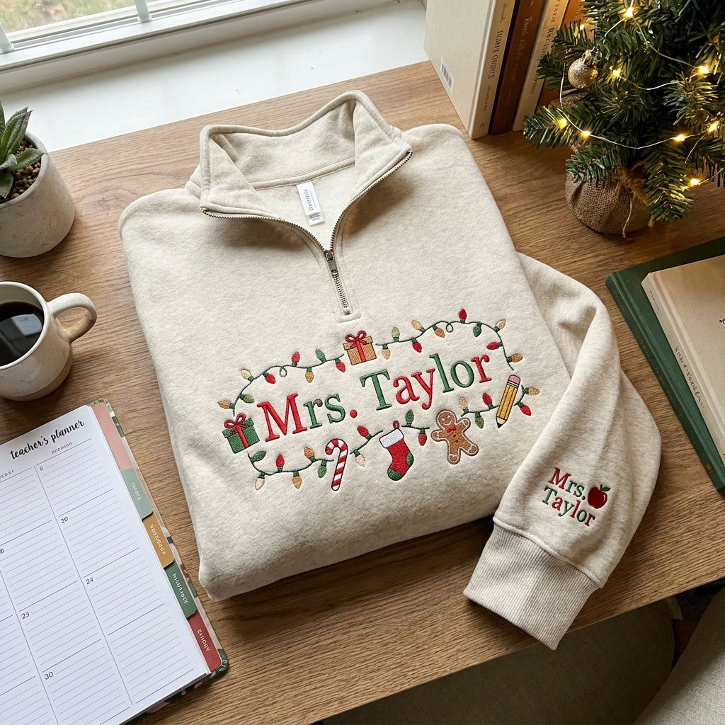 Personalized Christmas Teacher Quarter Zip, Embroidered Teacher Pullover, Custom Teacher Name Sweatshirt