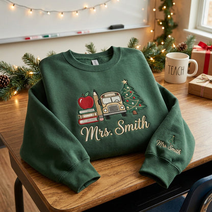 Personalized Christmas Teacher Sweatshirt, Embroidered Teacher Name Crewneck, Christmas Gift for Teacher, Apple Books School Sweatshirt