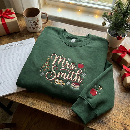 Personalized Christmas Teacher Sweatshirt, Embroidered Teacher Name Sweatshirt, Christmas Teacher Gift, Apple School Crewneck, Teacher Holiday Pullover