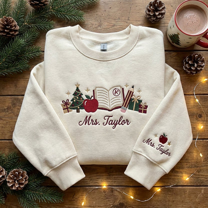 Personalized Teacher Christmas Sweatshirt, Embroidered Teacher Name Crewneck, Christmas Teacher Gift, Apple Books Pencil Sweatshir