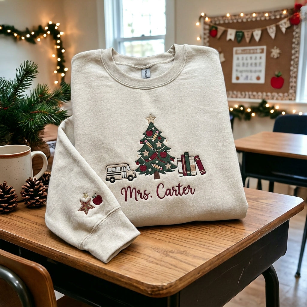 Personalized Christmas Teacher Sweatshirt, Embroidered Teacher Name Crewneck, Teacher Christmas Gift, School Bus Christmas Sweatshirt