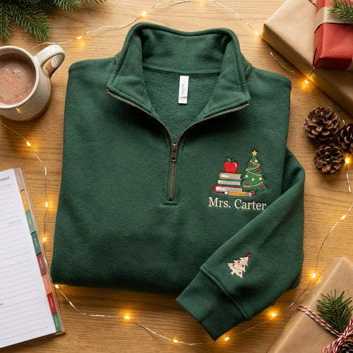 Personalized Teacher Christmas Quarter Zip, Embroidered Teacher Name Pullover, Christmas Teacher Gift, Apple Books Holiday Quarter Zip