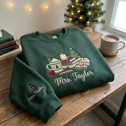 Personalized Teacher Christmas Sweatshirt, Embroidered Name Crewneck, Christmas Teacher Gift, Books Coffee Christmas Sweatshirt