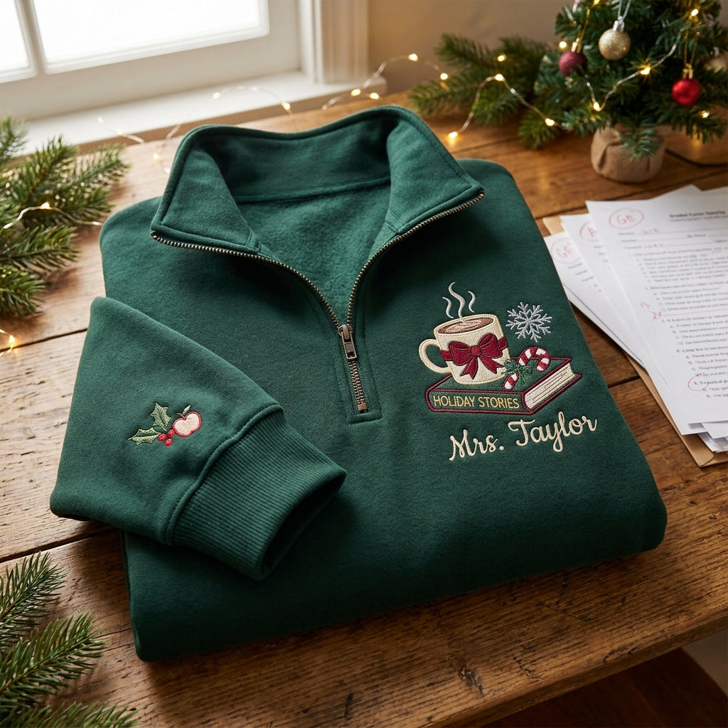 Personalized Christmas Teacher Quarter Zip, Embroidered Teacher Name Pullover, Christmas Gift for Teacher, Holiday School Quarter Zip