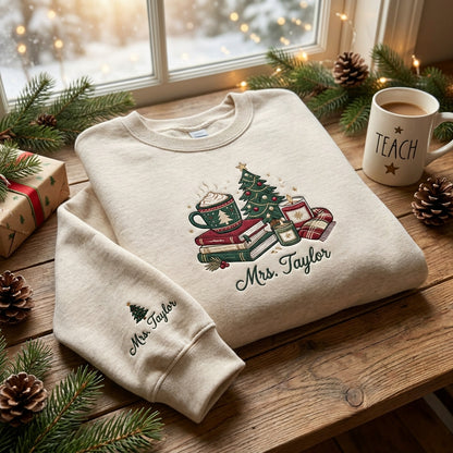 Personalized Teacher Christmas Sweatshirt, Embroidered Name Crewneck, Christmas Teacher Gift, Books Coffee Christmas Sweatshirt