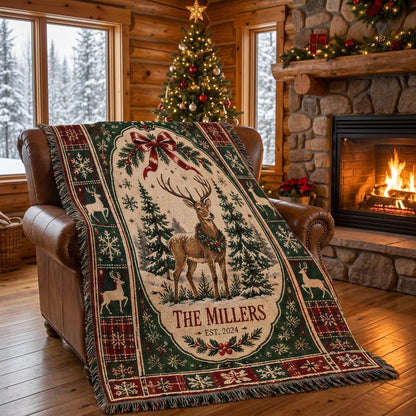 Personalized Christmas Deer Woven Blanket – Custom Family Name Holiday Throw