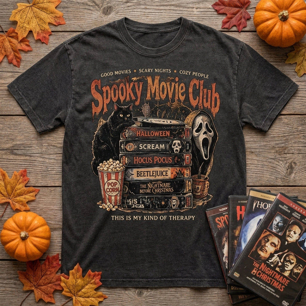 Spooky Movie Club T-Shirt, Halloween Movie Shirt, Horror Movie Lover Tee, Black Cat Shirt, Vintage Spooky Season Shirt