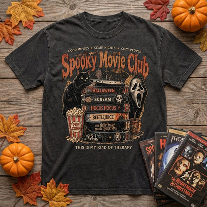 Spooky Movie Club T-Shirt, Halloween Movie Shirt, Horror Movie Lover Tee, Black Cat Shirt, Vintage Spooky Season Shirt