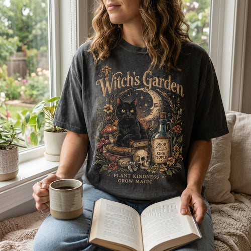 Witch's Garden T-Shirt, Vintage Halloween Shirt, Black Cat Witch Shirt, Spooky Book Lover Tee, Gothic Fall Shirt