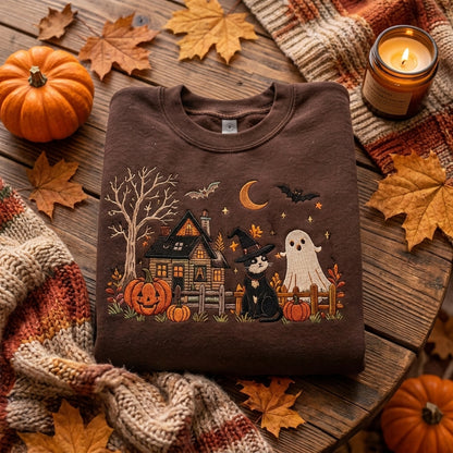 Halloween Embroidered Sweatshirt, Cute Ghost Cat Sweatshirt, Fall Pumpkin Sweater, Spooky Season Sweatshirt, Witchy Book Lover Gift