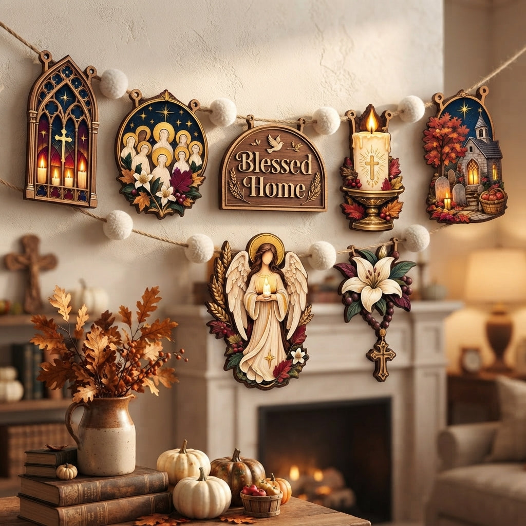 Catholic Fall Garland, Hallowtide Decor, All Saints Day Wooden Garland, Christian Home Decoration, Religious Autumn Wall Hanging, Fall Shelf Decor