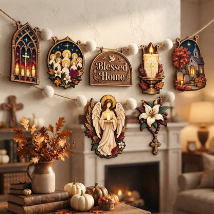 Catholic Fall Garland, Hallowtide Decor, All Saints Day Wooden Garland, Christian Home Decoration, Religious Autumn Wall Hanging, Fall Shelf Decor