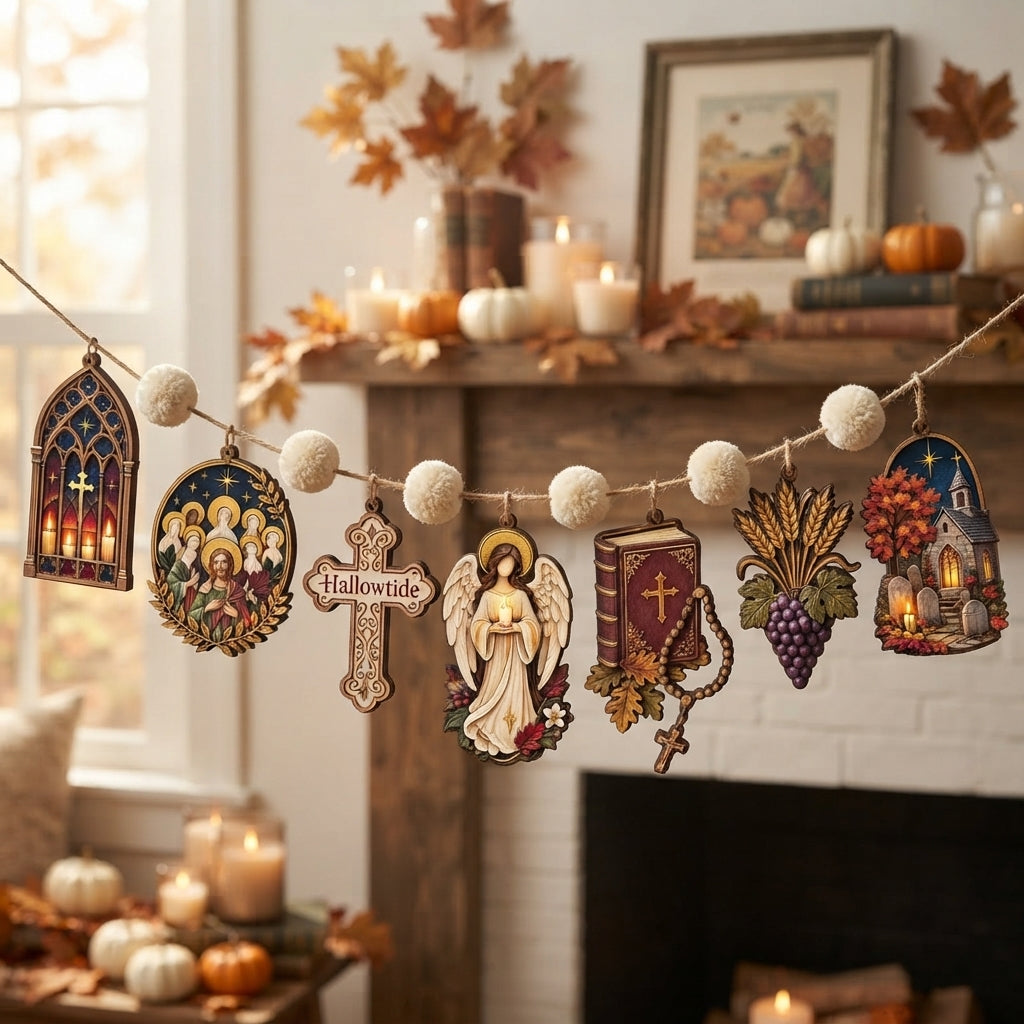 Hallowtide Wooden Garland, All Saints Day Decor, Catholic Fall Garland, Christian Autumn Wall Hanging, Religious Home Decor, Fall Mantel Decor
