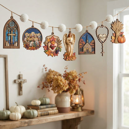 All Saints Day Garland, Hallowtide Wooden Garland, Catholic Fall Decor, Christian Autumn Decoration, Religious Wall Hanging, Fall Mantel Decor