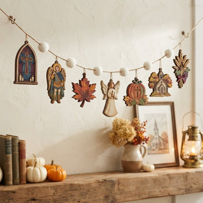 Hallowtide Garland, Catholic Fall Decor, All Saints Day Decoration, Christian Wooden Garland, Religious Home Decor, Autumn Mantel Hanging