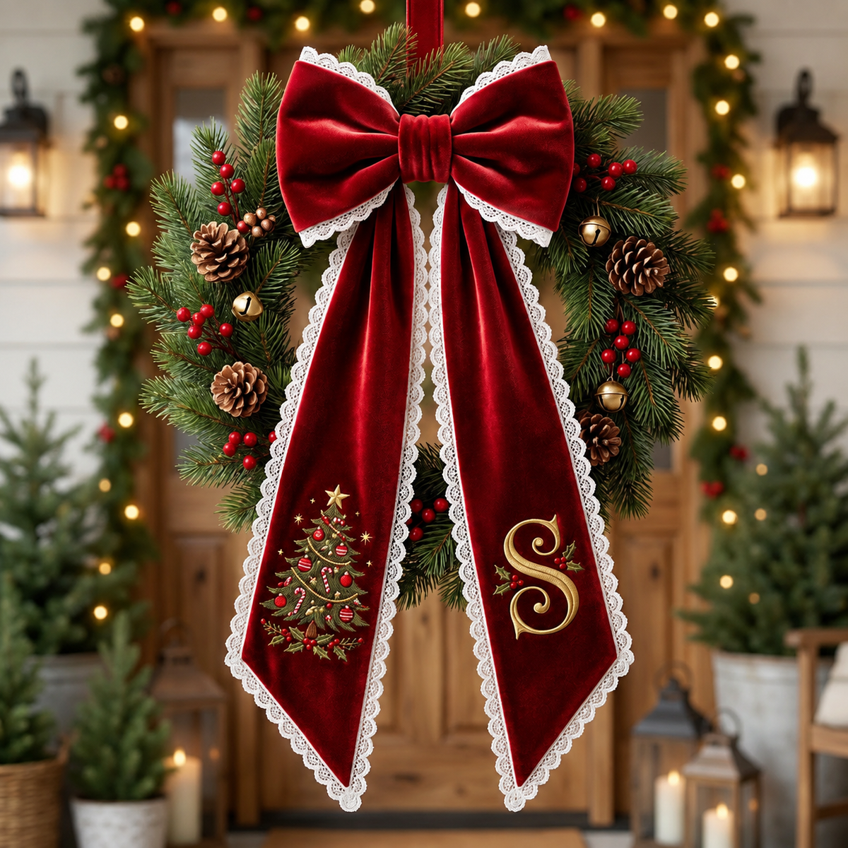 Personalized Green Velvet Christmas Wreath Sash with Monogram, Elegant Holiday Door Bow Decor
