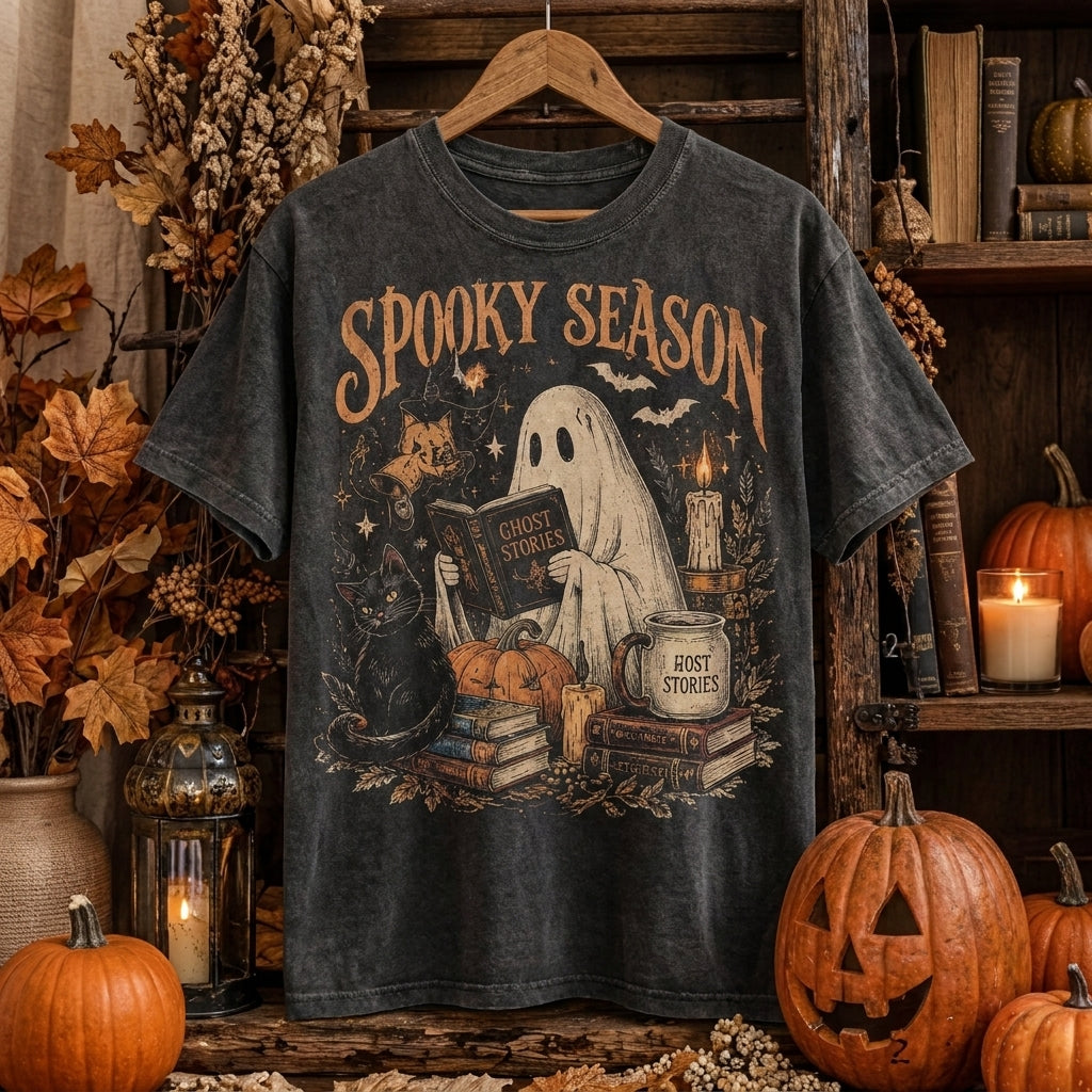 Spooky Season T-Shirt, Halloween Ghost Shirt, Black Cat Shirt, Gothic Fall Tee, Witchy Book Lover Shirt, Cozy Halloween Tee