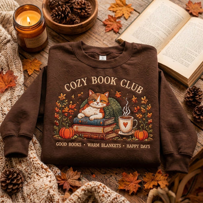 Cozy Book Club Embroidered Sweatshirt, Fall Cat Books Sweatshirt, Pumpkin Coffee Sweater, Book Lover Gift, Autumn Reading Sweatshirt