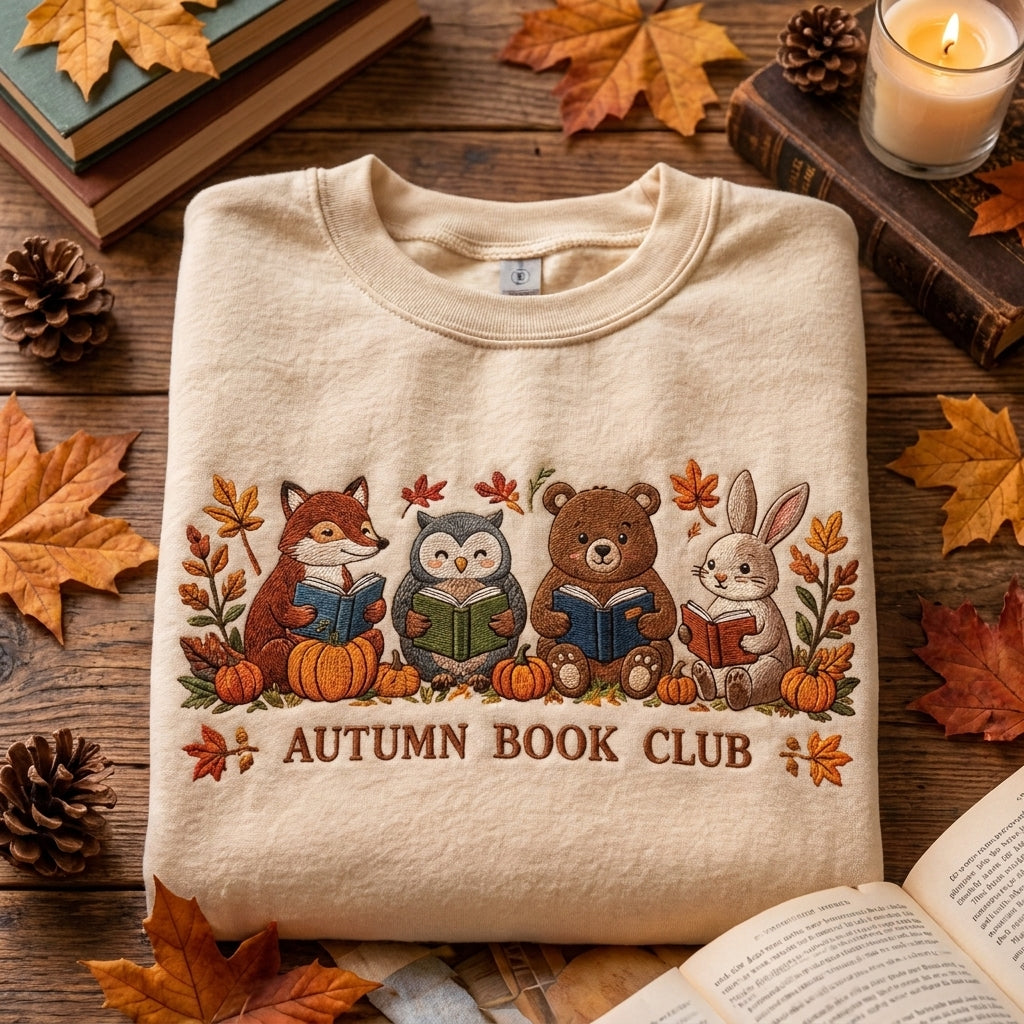 Autumn Book Club Embroidered Sweatshirt, Fall Book Lover Sweatshirt, Cozy Reading Sweater, Pumpkin Books Sweatshirt, Bookworm Gift