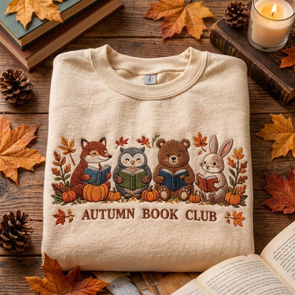 Autumn Book Club Embroidered Sweatshirt, Fall Book Lover Sweatshirt, Cozy Reading Sweater, Pumpkin Books Sweatshirt, Bookworm Gift
