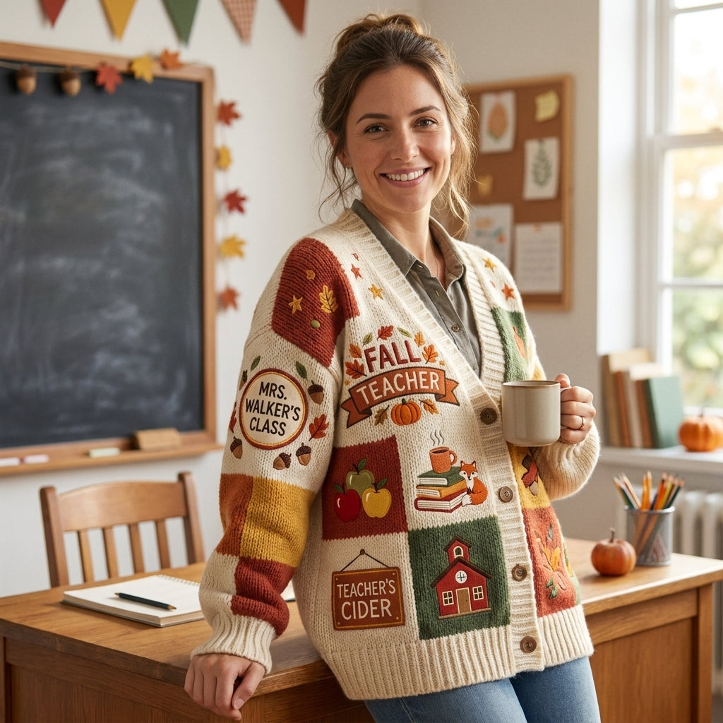 Cardigan pull personnalisé pour enseignant(e), Cardigan tricoté avec nom d'enseignant(e) personnalisé, Cadeau d'enseignant(e) pour la rentrée scolaire, Joli vêtement de classe. Chemise d'enseignant(e)