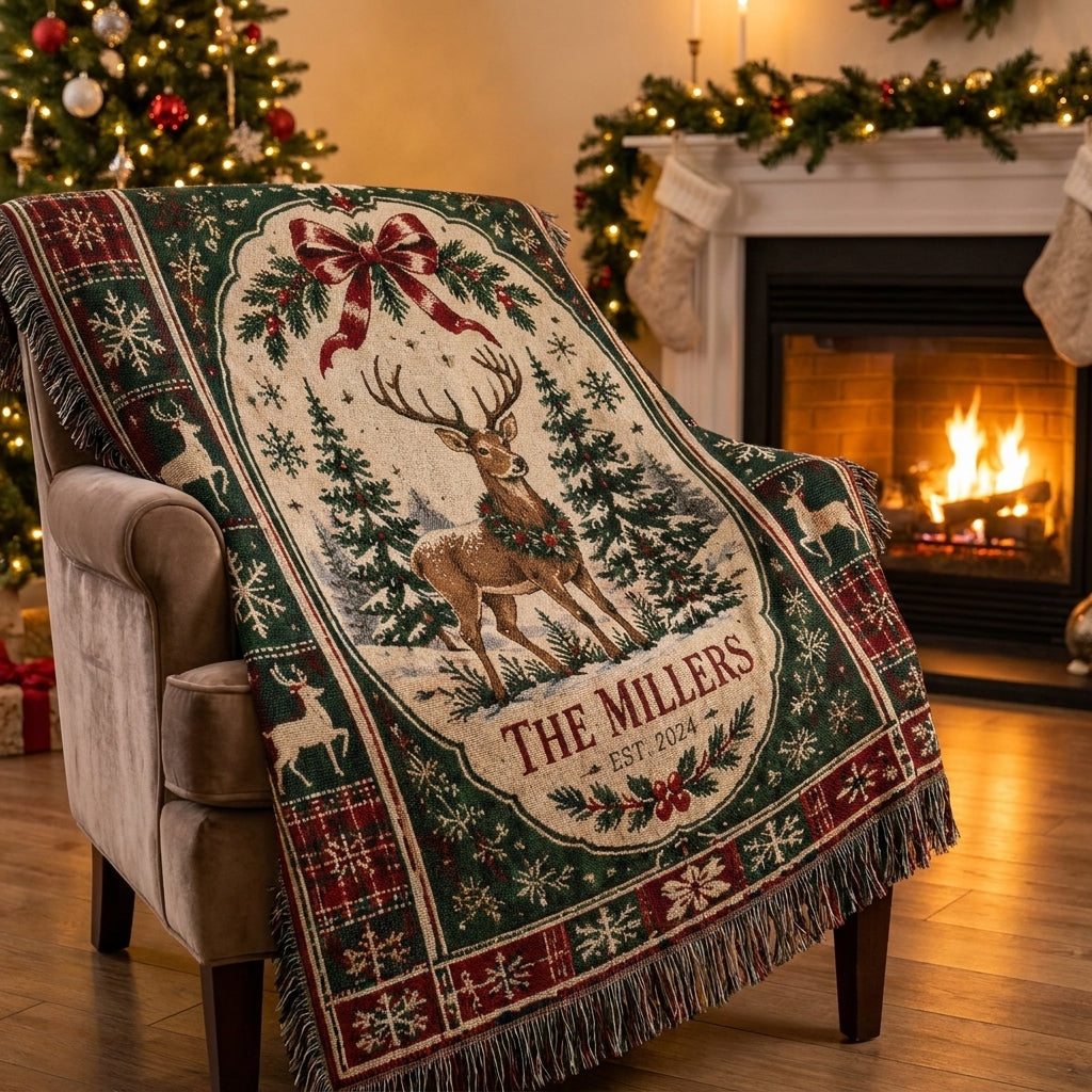 Personalized Christmas Deer Woven Blanket – Custom Family Name Holiday Throw